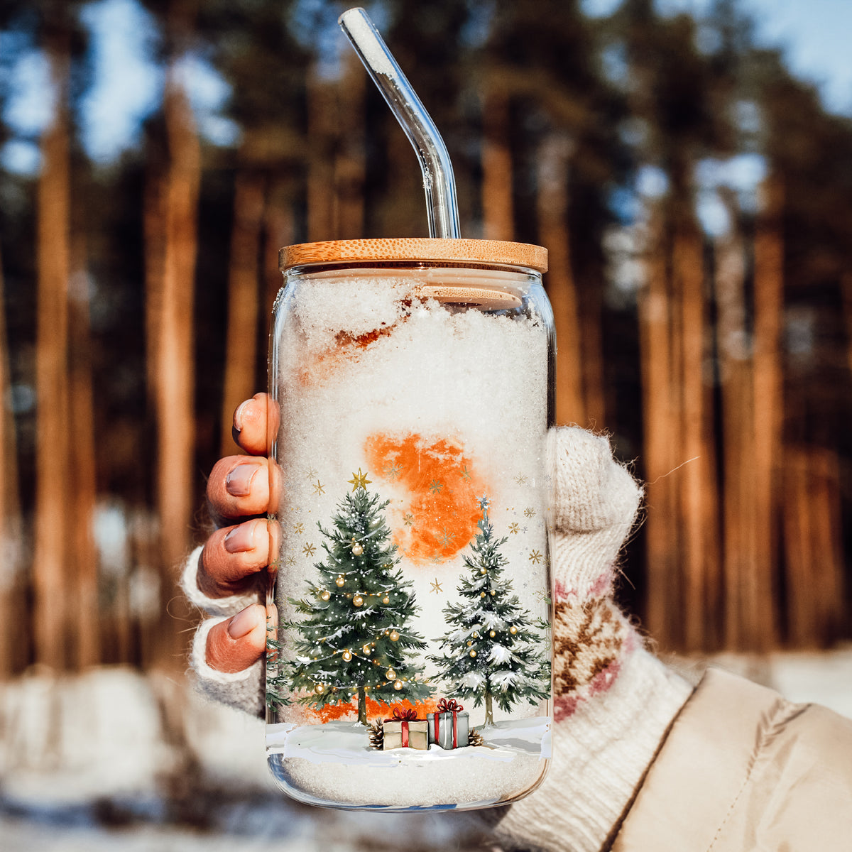 snowflake glass tumbler - Christmas holiday cup gift
Christmas kitchen decor drinkware - festive reusable glass tumbler cup
Holiday coffee tumbler - 17oz glass cup with Christmas tree artwork